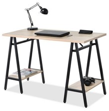 DESIGNERSKIE BIURKO KONSOLA SVEN DĄB SONOMA NA CZARNYCH NOGACH KOZŁACH Z PÓŁKAMI  WYMIARYDługość: 60 cmSzerokość: 120 cmWysokość: 76 cmWysokość blatu: 76 cmWysokość do blatu: 73,5 cmPow. blatu: 120x60 cm DANE...