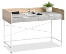 DUŻE DESIGNERSKIE BIURKO Z SZUFLADAMI HAGA BETONOWE Z SONOMĄ I BIAŁYM STELAŻEM  WYMIARYDługość: 55 cmSzerokość: 123 cmWysokość: 87 cmWysokość blatu: 76 cmWysokość do blatu: 64 cmPow. blatu: 120x48 cm DANE...