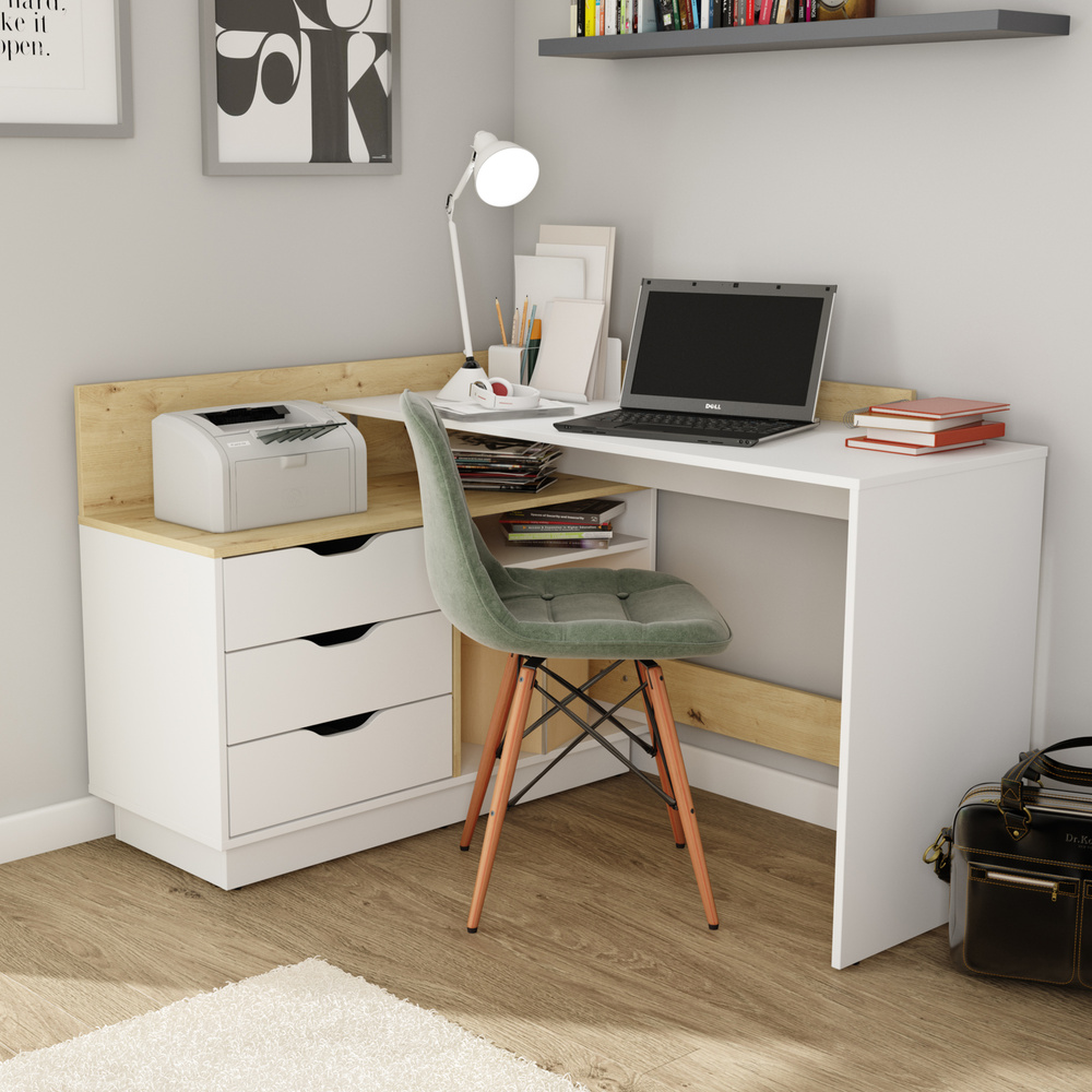 Biurko narożne z komodą FILO 2 - biały/dąb artisan, vivaladesign ...